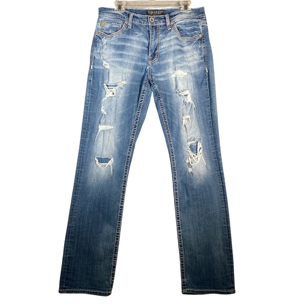 Salvage Supply Co Mayhem Straight Jeans Men's 33x32 Buckle Blue Distressed Denim